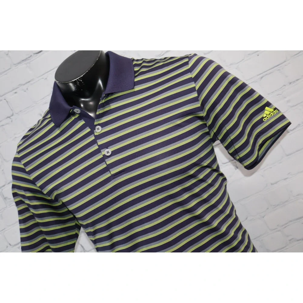 Adidas Golf Shirt Mens Medium Blue Neon Green Striped Short Sleeve Polo